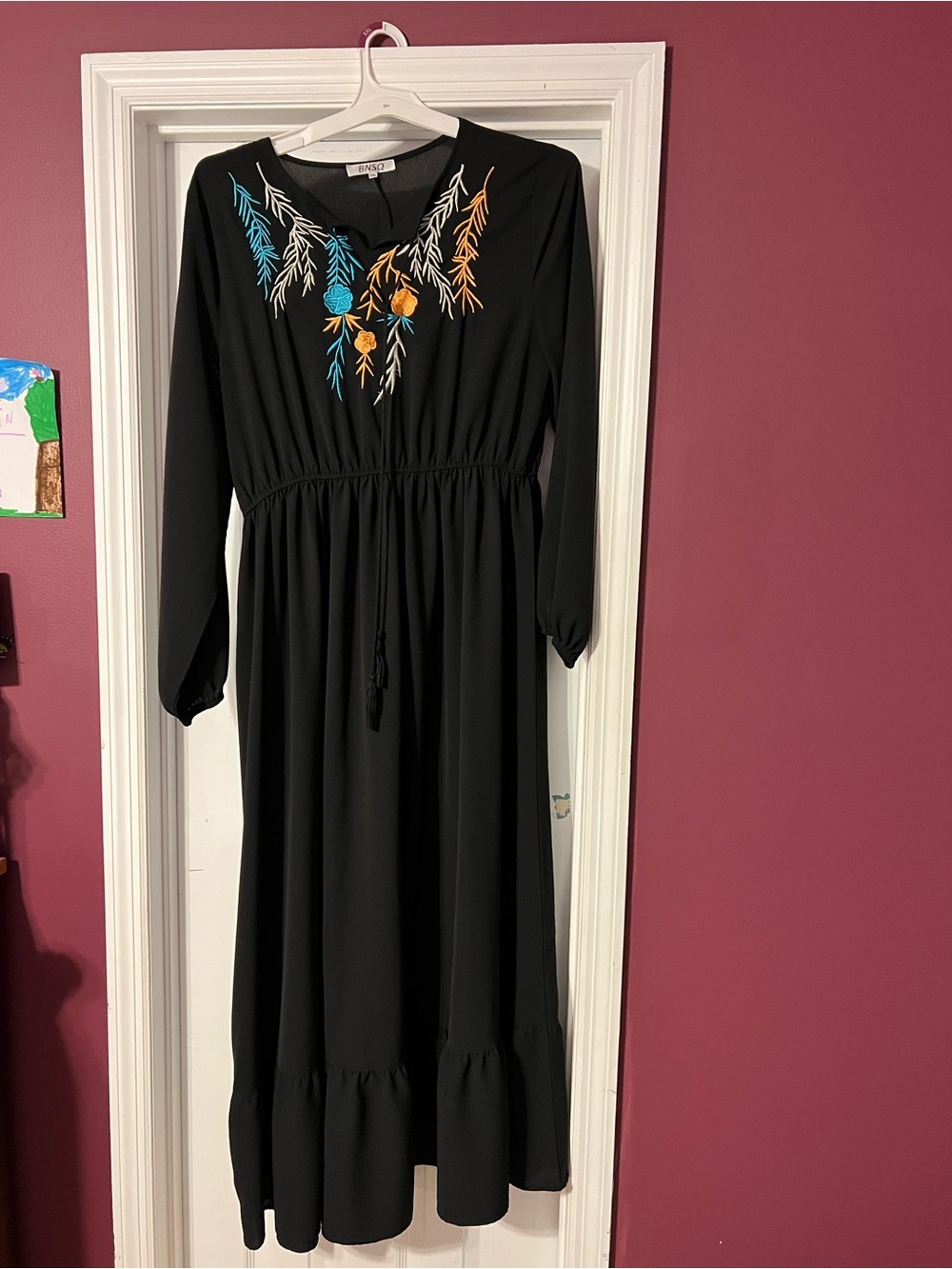 Embroidered Black Maxi Dress with Blue & Orange Accents